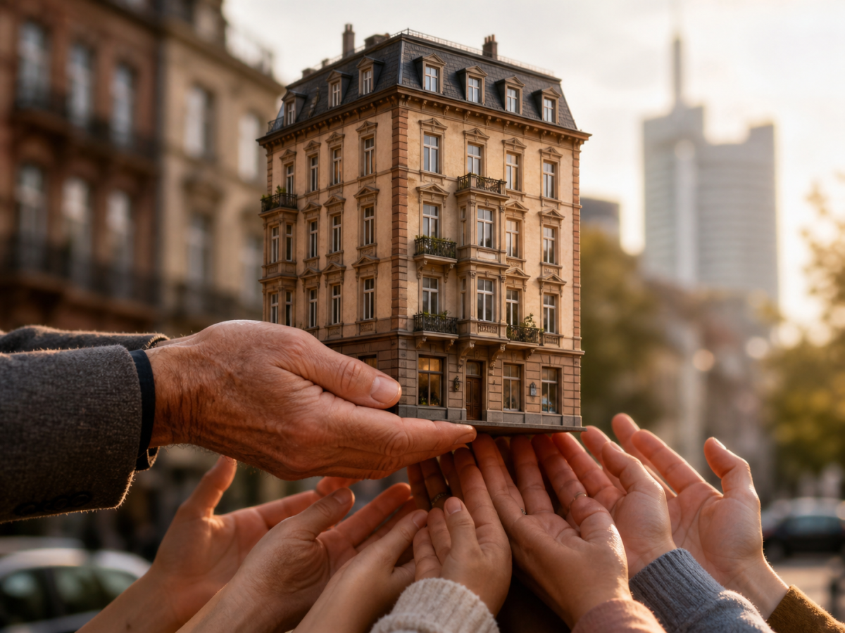 Mehrere Hände übergeben symbolisch ein Wohnhaus in Frankfurt als Zeichen für eine verantwortungsvolle Immobilienübergabe